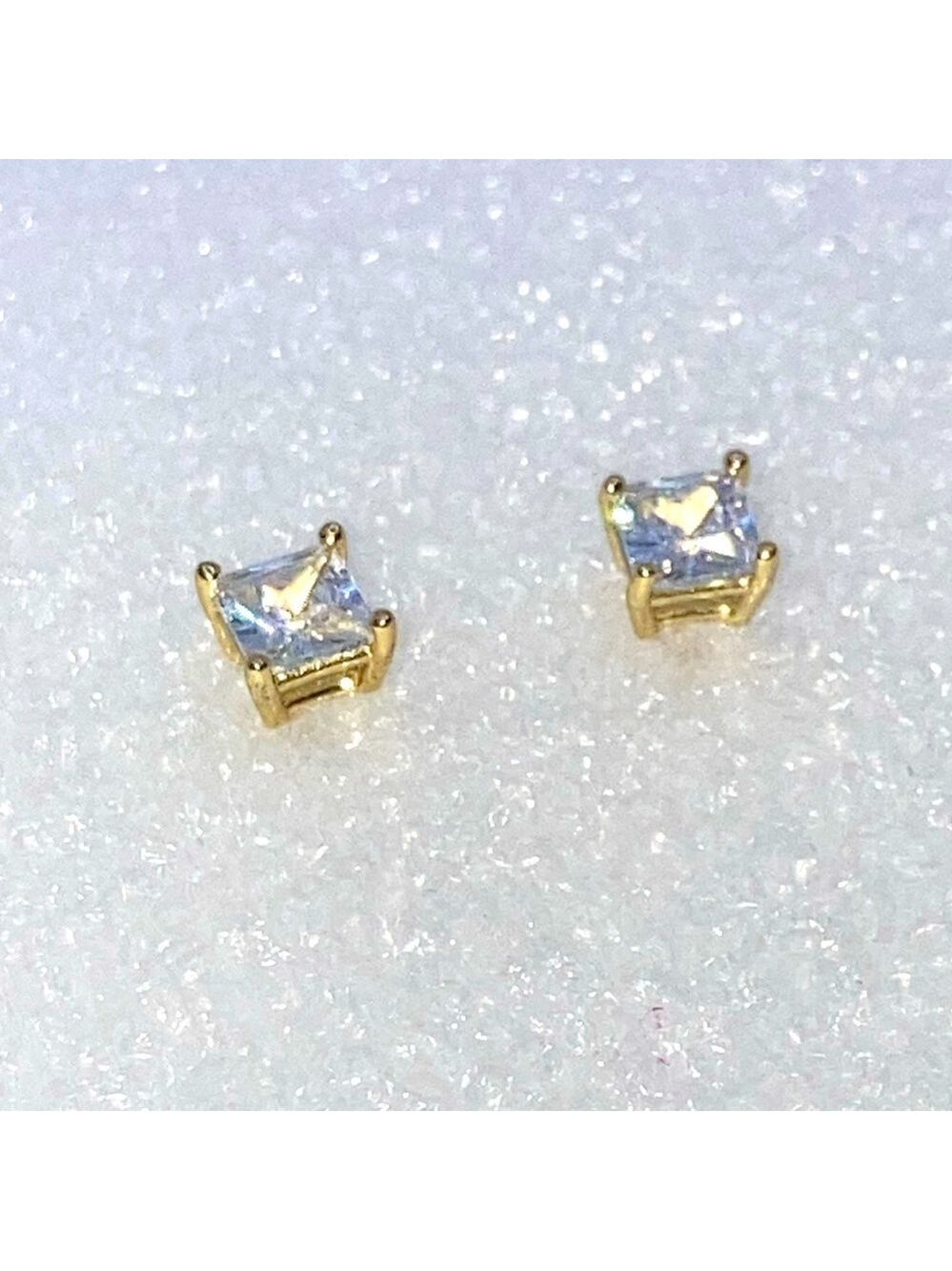 Sterling Silver Yellow Gold Plated Square Cz Stud Earrings / 5mm - Picture 1 of 5